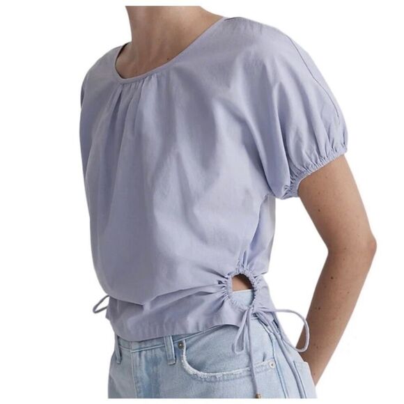 Madewell Cutout Drawstring Keyhole Poplin Puff Sleeve Crop Top Periwinkle Small - Picture 1 of 11